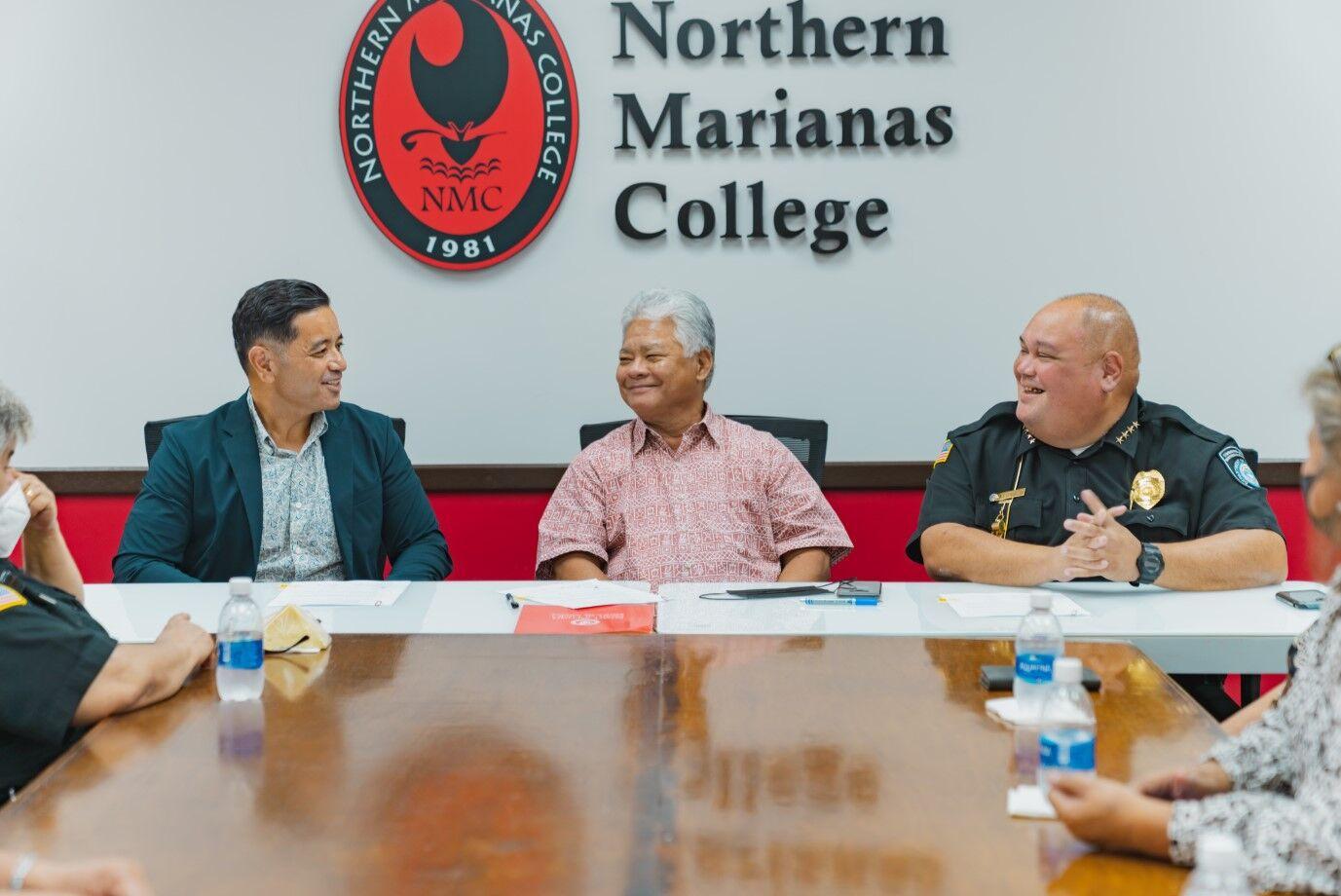 From left, NMC Interim President Frankie Eliptico, acting Gov. Arnold I. Palacios, and Department of Corrections Commissioner Wally Villagomez.