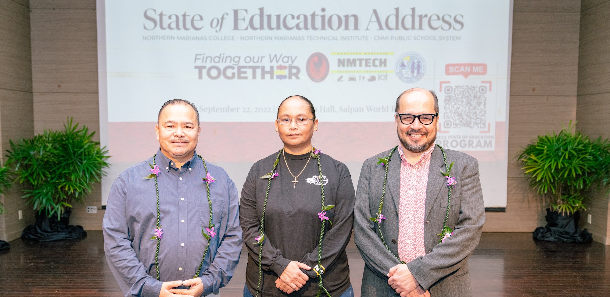 From left, Education Commissioner Dr. Alfred B. Ada, NMTech CEO Jodina Attao, and NMC president Dr. Galvin Deleon Guerrero stand in front of the crowd prior to the start of the Educational Summit at the Royal Taga Ballroom of Saipan World Resort last Thursday.