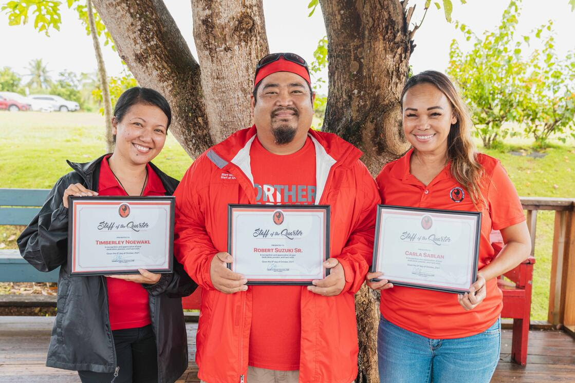 Northern Marianas College’s Staff Senate recently recognized its staff members of the quarter. From left, awardees Timberley Ngewakl, Robert Suzuki Sr., and Carla Sablan.