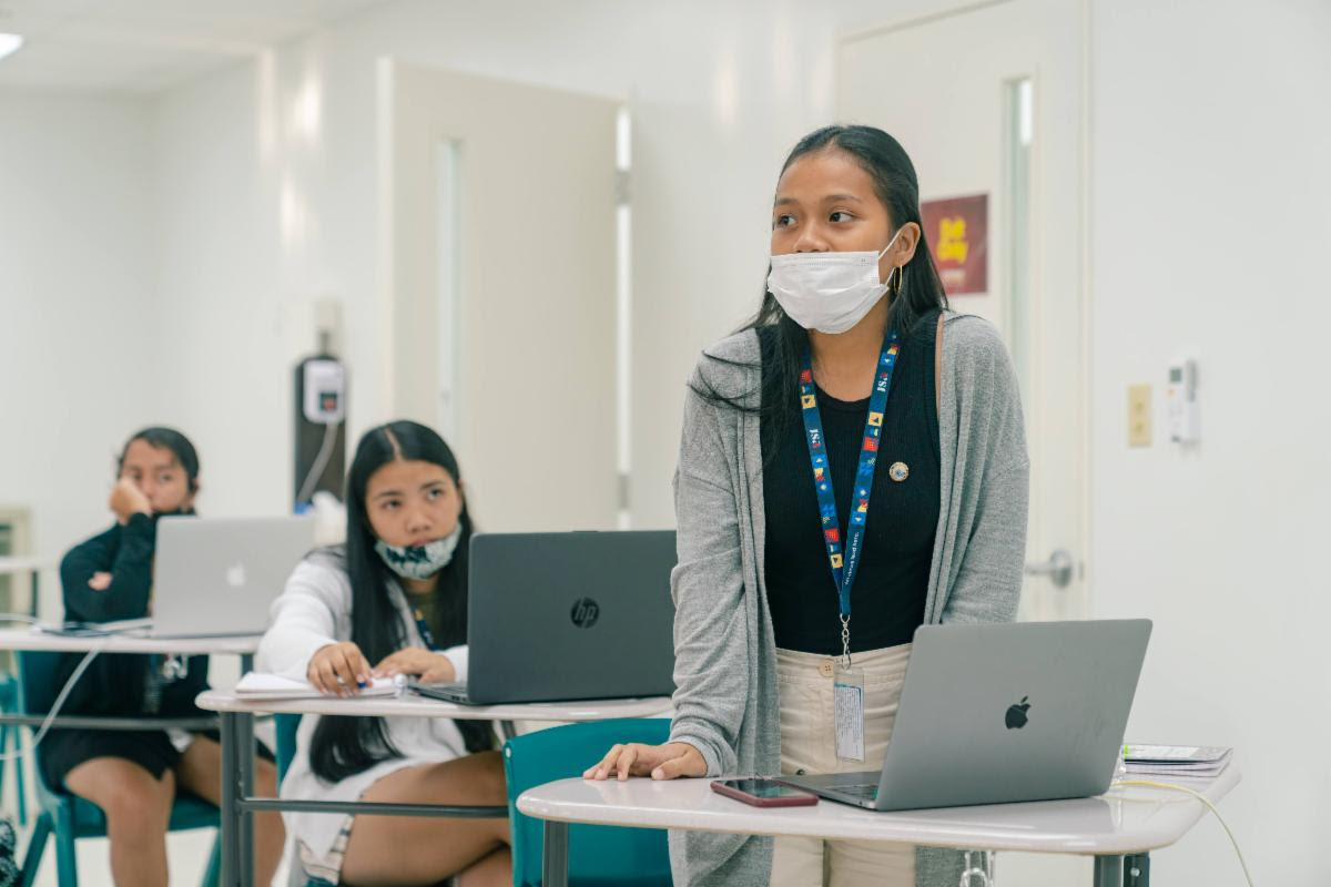 Evelynn Pedrus, a JSA Civics Institute Micronesia participant from Xavier High School in the Federated States of Micronesia, introduces herself to her classmates during the first day of classes.