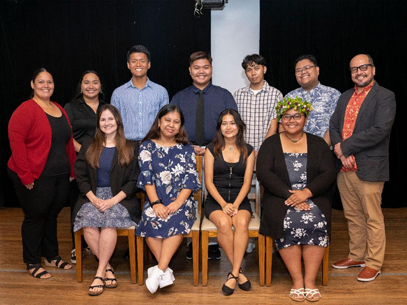 The eight student officials of the Associated Students of Northern Marianas College were sworn in Friday, Sept. 23, at the Pacific Islands Club. Standing in the top row, from left, are NMC Office of Student Activities and Leadership Program Manager Alexis Cabrera-Manglona, NMC OSAL Program Coordinator Maia Pangelinan, ASNMC Secretary Daryll De Luna, ASNMC Senator Bonnie Gio Sagana, ASNMC Tinian Representative Henry Hofschneider San Nicolas Jr., ASNMC Vice President Jefferson Cunanan, and NMC President Galvin Deleon Guerrero, EdD. Seated in the bottom row, from left, are ASNMC Senators Jami Starling and Eloise Lopez, ASNMC President Anushi Joshi, and ASNMC Treasurer Jenara Bai.