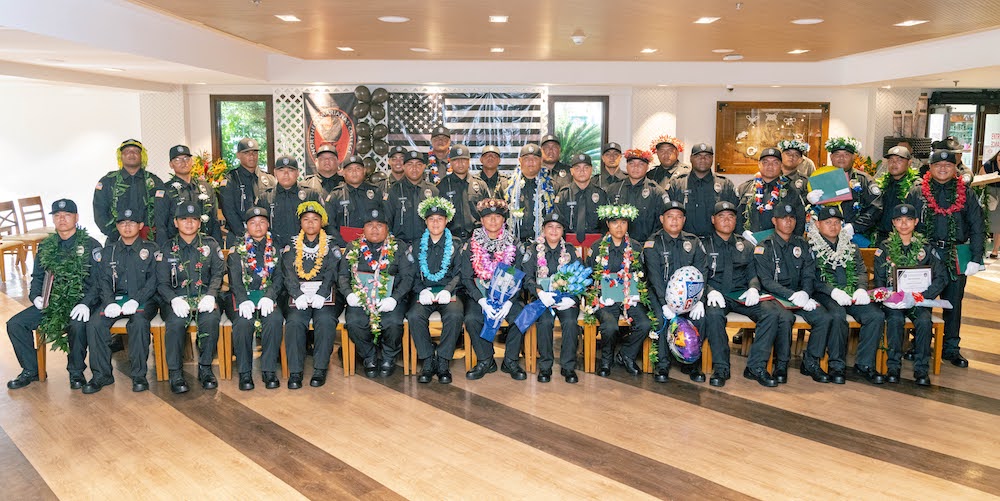 Thirty-eight new Department of Corrections officers received their Certificate of Completion in Basic Law Enforcement and their badges at their graduation ceremony yesterday at the Pacific Islands Club Saipan. The academy was done in partnership with the Northern Marianas College and the CNMI Department of Labor. The new officers earned 40 college credits from NMC during the program and were trained in multiple subject areas that included Abnormal Psychology, Law and the Corrections Officer, Juvenile Justice, and the Dynamics of Substance Abuse. 