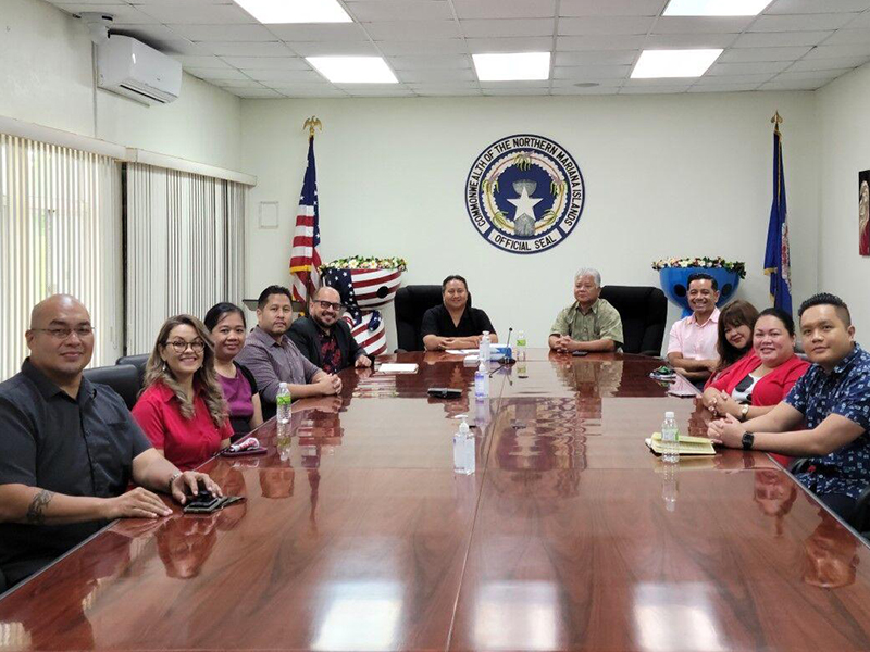 From left, Northern Marianas College Chief Financial Officer David Attao, NMC Office of Institutional Effectiveness Assessment Specialist Geri Rodgers, NMC Office of Institutional Effectiveness Director Vilma Reyes, CNMI Small Business Development Center Director Arden Sablan, NMC President Dr. Galvin Deleon Guerrero, Gov. Ralph DLG Torres, Lt. Gov. Arnold I. Palacios, NMC Vice President for Administration and Advancement Frankie Eliptico, NMC Dean of Student Support Services Charlotte Cepeda, NMC Human Resources Director Polly Masga, and Press Secretary Kevin Bautista pose for a photo on Tuesday in the governor's conference room.