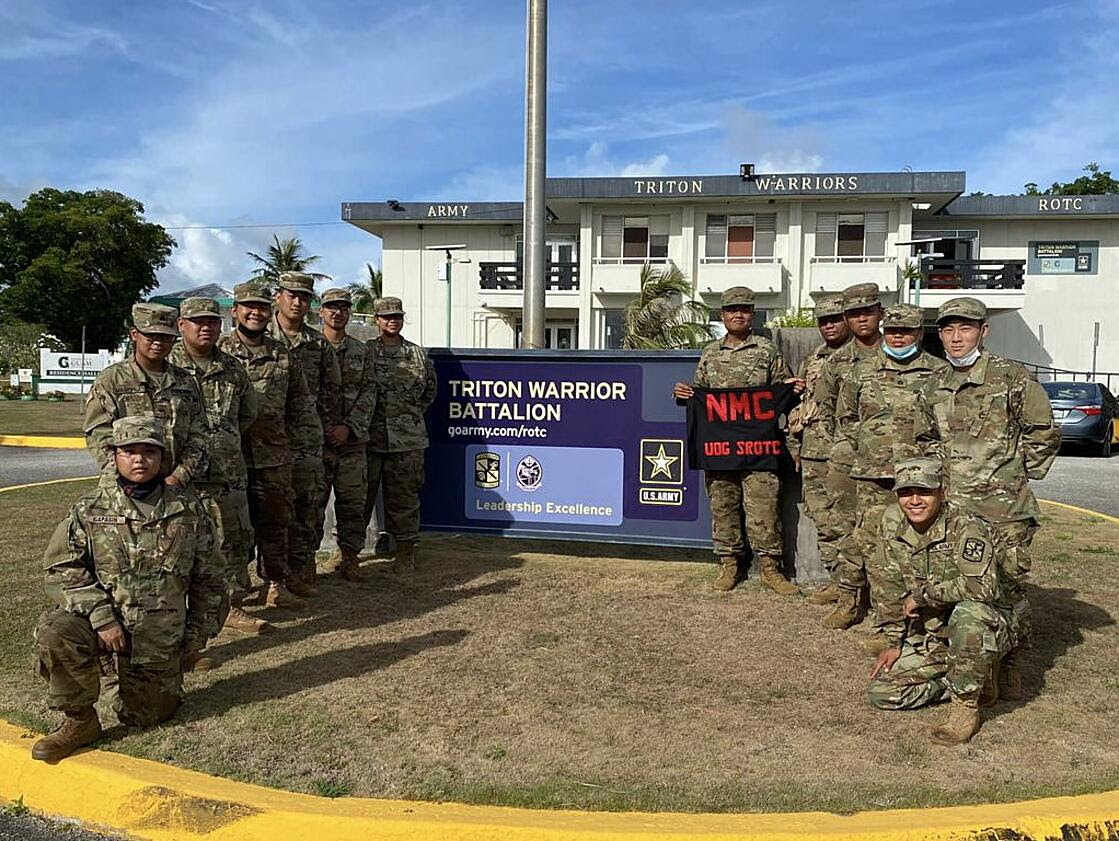 13 Cadets from the NMC ROTC program pose in front of the University of Guam ROTC Headquarters during the Spring 2021 Field Training Exercise from April 8-11, 2021.