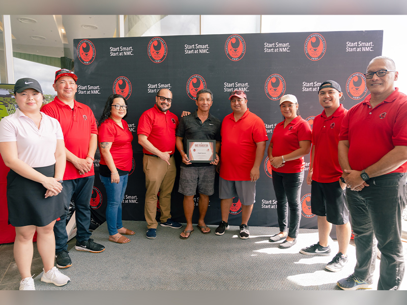 Joseph Sasamoto, center and the Senior Flight winner of the 17th Annual NMC Foundation Golf Tournament, poses with, from left, Northern Marianas College regents Michelle Lin Sablan, Jesse Tudela, and Zenie Mafnas, NMC president Galvin Deleon Guerrero, Gov. Ralph DLG Torres, NMC regent Irene Torres, NMC Foundation board member Roman Tudela, and NMC Board of Regents chair Charles Cepeda during the awards ceremony last Saturday at the Laolao Bay Golf & Resort. (NMC)